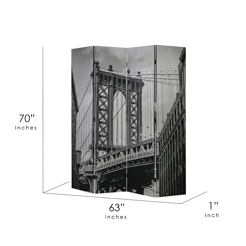 American Art Decor™ 6ft. Double-Sided 4-Panel Black and White Brooklyn Bridge, Manhattan Bridge Photo Canvas Privacy Screen