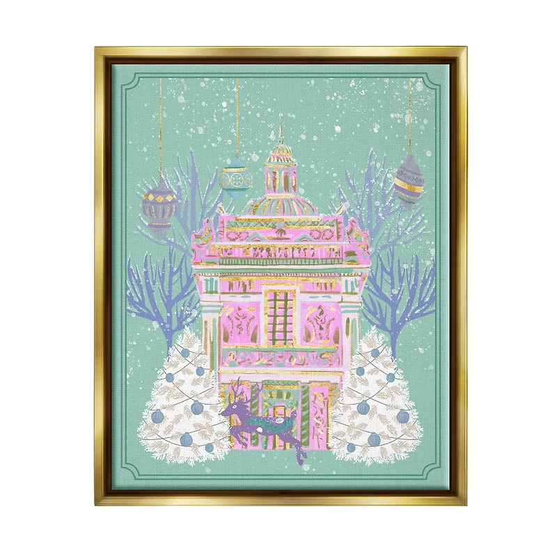 Stupell Industries Pink Ornate Christmas Building Gold Framed Floater Canvas Wall Art