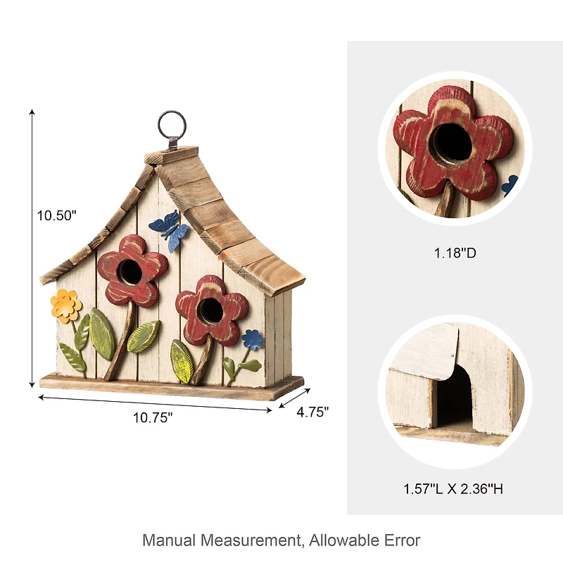 Glitzhome® 10.5" White Distressed Wood Birdhouse with Flowers