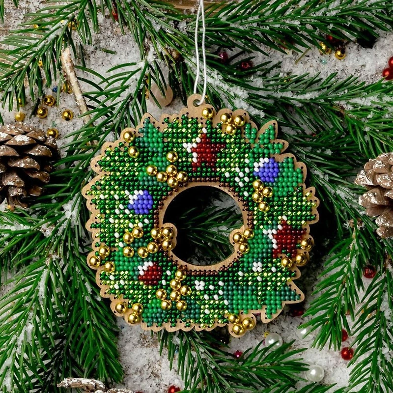 Wonderland Crafts Wreath with Ornaments Bead Embroidery on Wood Kit