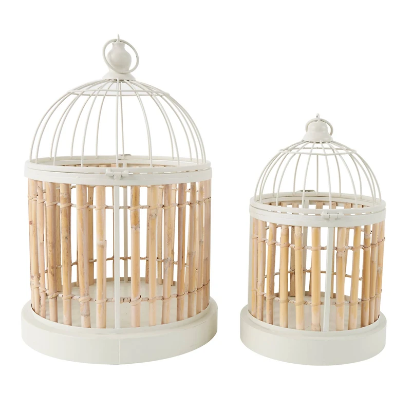 Brown Bamboo Wood Handmade Birdcage Set with White Metal Accents
