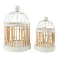 Brown Bamboo Wood Handmade Birdcage Set with White Metal Accents