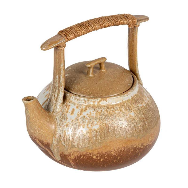 Hello Honey 1.5-Quart Stoneware Teapot with Jute Wrapped Handle with Reactive Glaze, Green