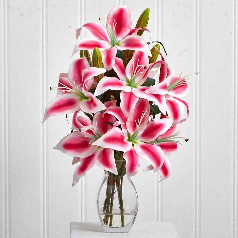 18" Pink Rubrum Lily Arrangement with Decorative Vase