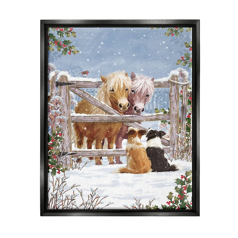 Stupell Industries Ponies & Dogs Winter Farm Scene Framed Floater Canvas Wall Art