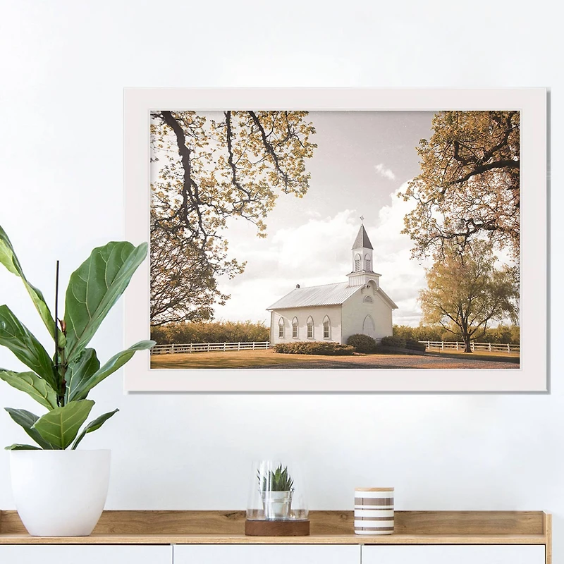 Farmhouse Chapel 20" x 30" White Framed Print Under Plexiglass