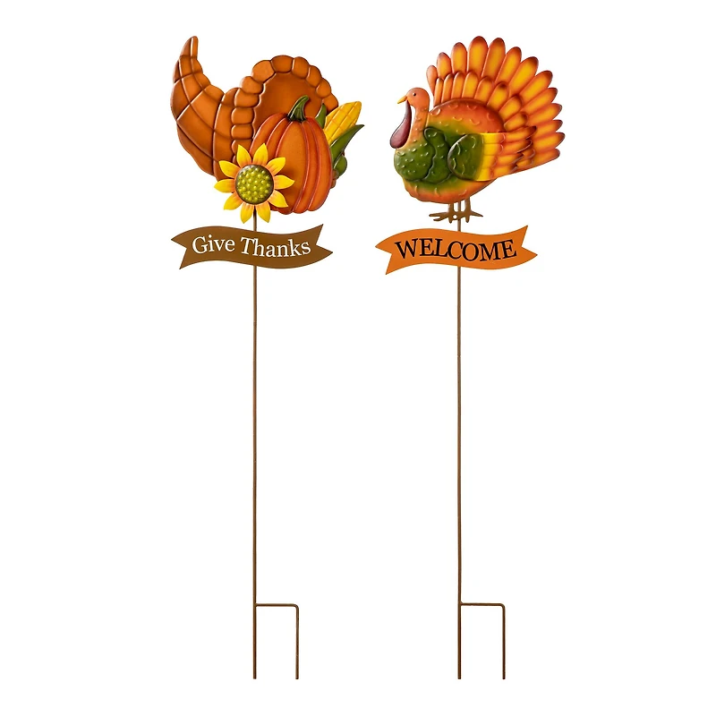 Glitzhome® 36.25" Thanksgiving Metal Turkey & Croissant Yard Stake Set