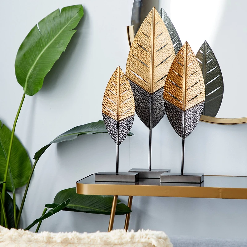 Gold Metal Contemporary Leaf Sculpture Set