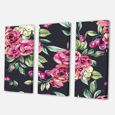 Designart - Red VIntage Roses and Berries On Black