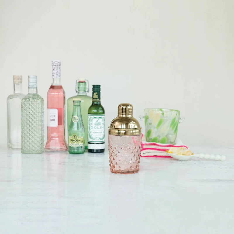 Hello Honey® Pink & Gold Hand-Blown Glass & Stainless Steel Hobnail Cocktail Shaker