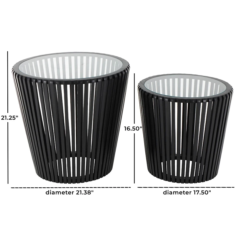 Black Wood Cage Inspired Accent Table with Clear Glass Tabletop Set