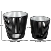 Black Wood Cage Inspired Accent Table with Clear Glass Tabletop Set