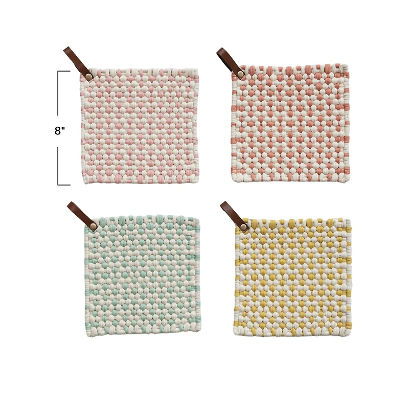 Hello Honey® Light Hue Cotton Crocheted Pot Holders with Leather Loops Set