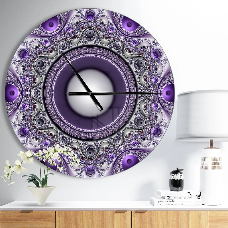 Designart Purple Fractal Pattern with Circles Modern Wall Clock