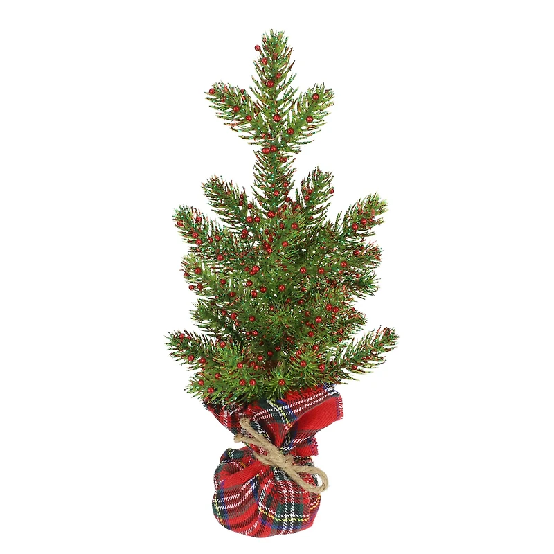 12" Green Glitter Pine & Red Berry Accent Tree in Red Plaid Fabric Base by Ashland®