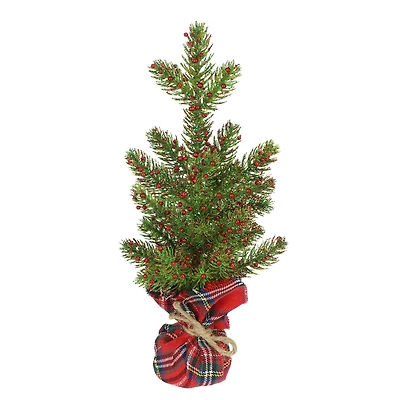 12" Green Glitter Pine & Red Berry Accent Tree in Red Plaid Fabric Base by Ashland®