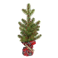 12" Green Glitter Pine & Red Berry Accent Tree in Red Plaid Fabric Base by Ashland®