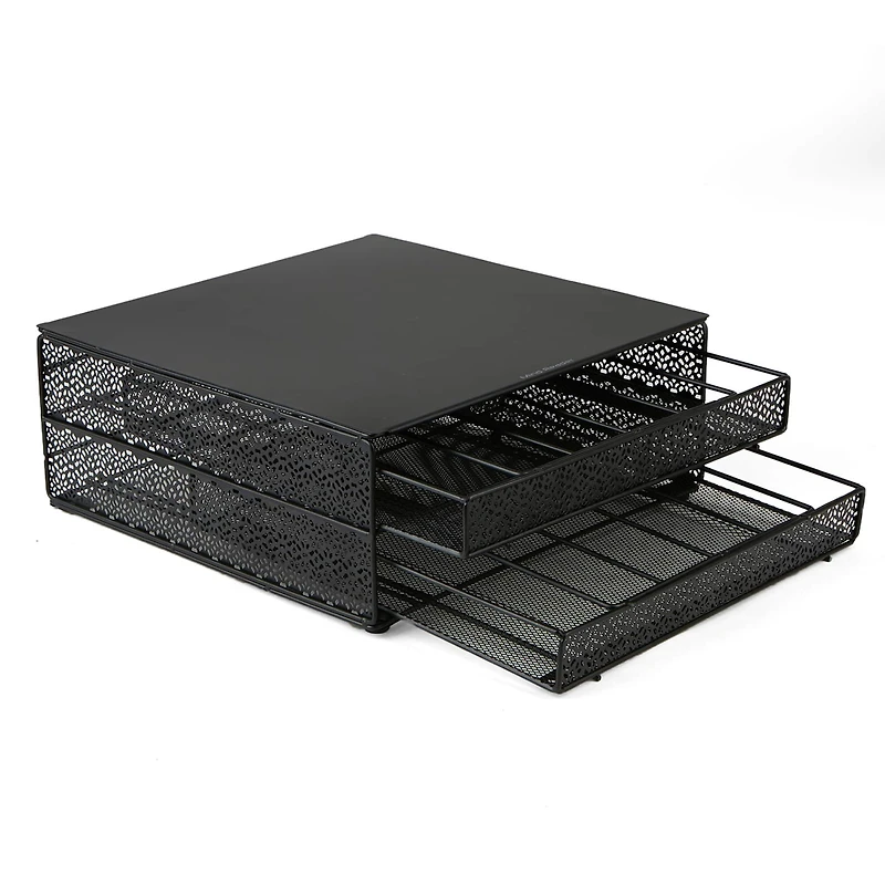 Mind Reader Flower Pattern Black 72 Capacity Double Coffee Pod Metal Mesh Storage Tray