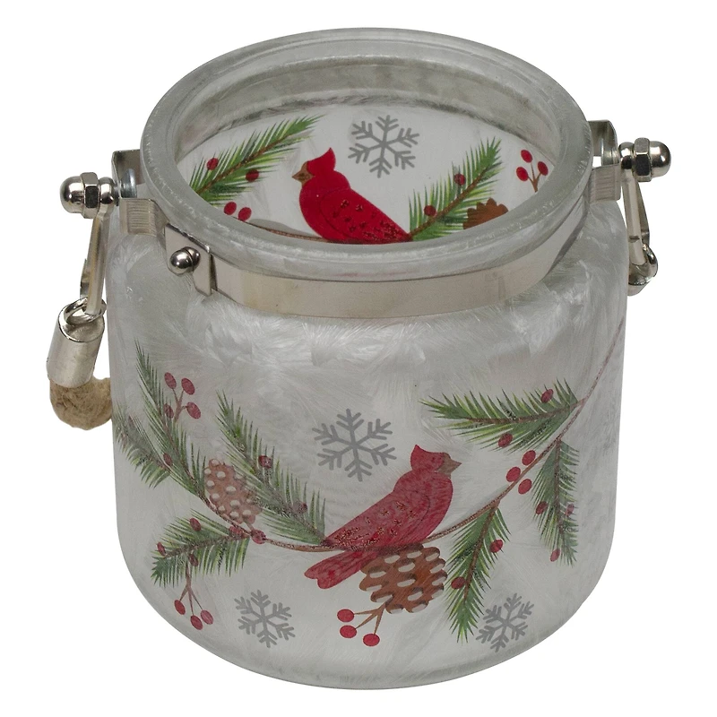 4" Hand Painted Christmas Cardinal & Pine Flameless Glass Christmas Candle Holder