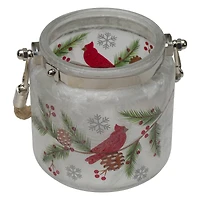 4" Hand Painted Christmas Cardinal & Pine Flameless Glass Christmas Candle Holder