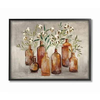 Stupell Industries Country Cotton Flower Stems in Glasses Brown Tan Painting Framed Wall Art