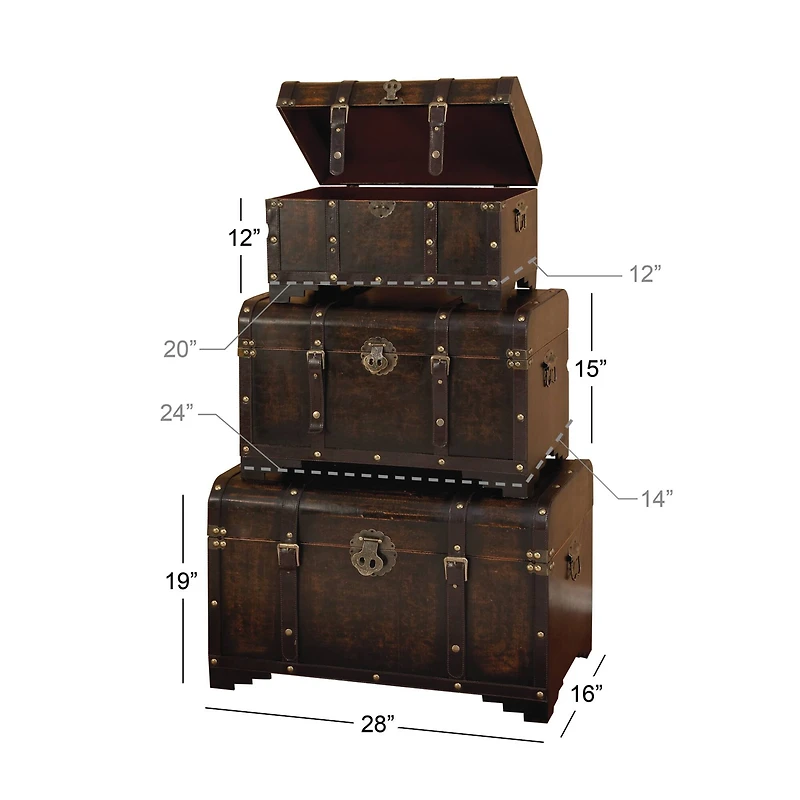 Set of 3" Brown Wood Traditional Trunk, 28", 24", 20"