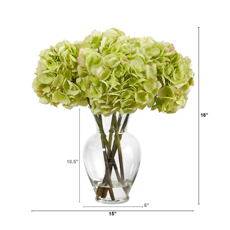 18" Green Hydrangea Arrangement in Glass Vase