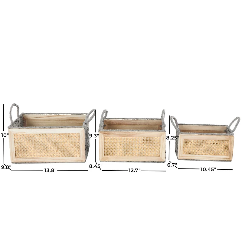 Light Brown Rattan Woven Basket with Gray Rope Handles, 3ct.