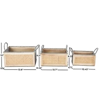 Light Brown Rattan Woven Basket with Gray Rope Handles, 3ct.