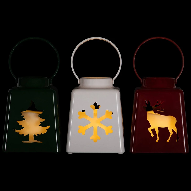 LED Lighted Tree Snowflake and Reindeer Christmas Candle Lanterns - 8" - Set of 3