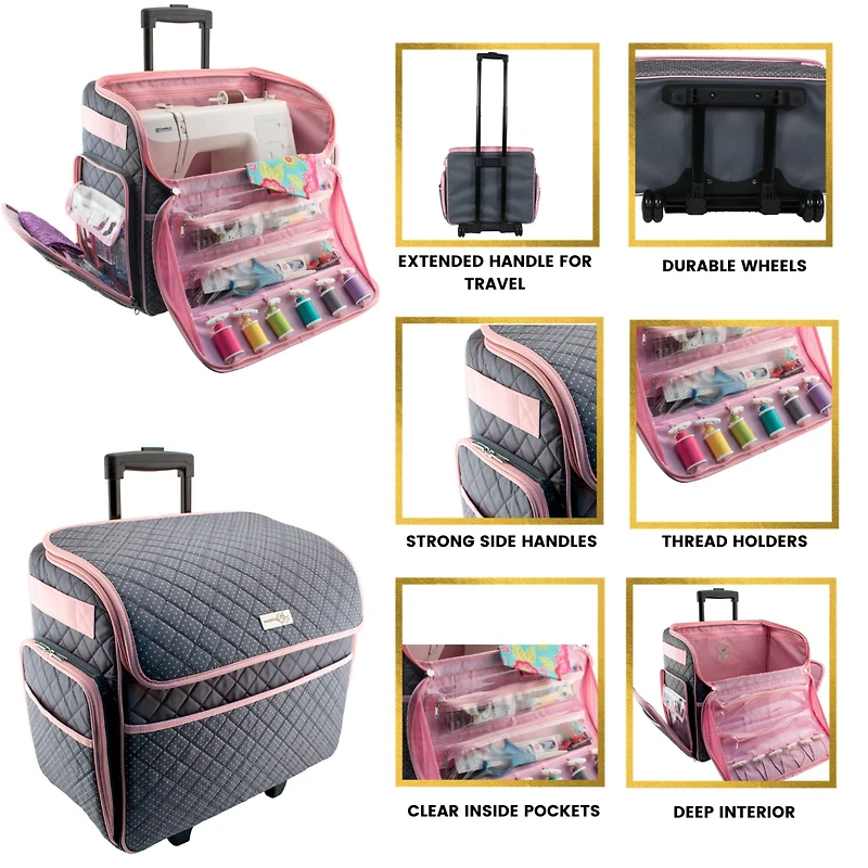 Everything Mary Quilted Pink & Gray Deluxe Rolling Sewing Machine Tote