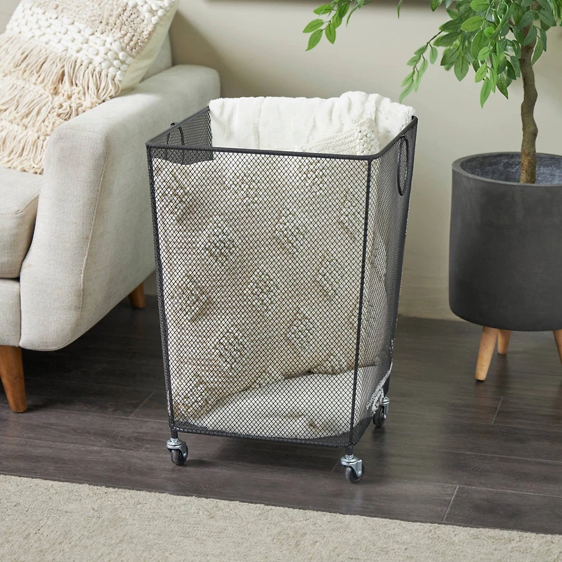 24" Black Metal Square Mesh Wire Rolling Laundry Storage Cart with Ring Handles