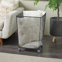 24" Black Metal Square Mesh Wire Rolling Laundry Storage Cart with Ring Handles