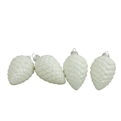 4ct. 3" Matte White & Silver Glass Pinecone Ornaments