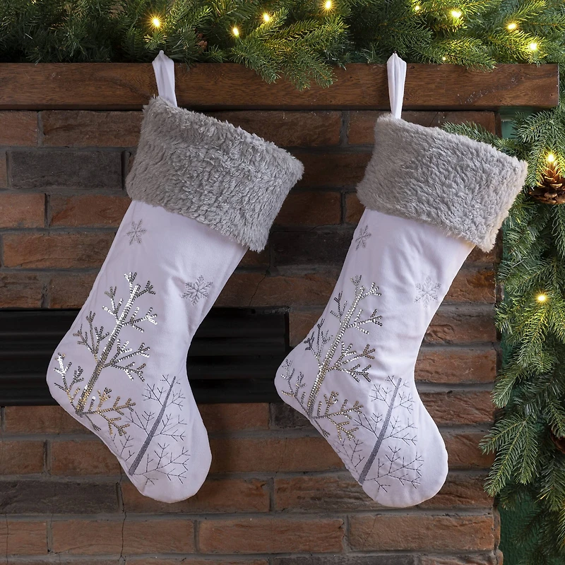 Glitzhome® 21" White Fleece with Christmas Tree & Snowflake Stocking, 2ct.