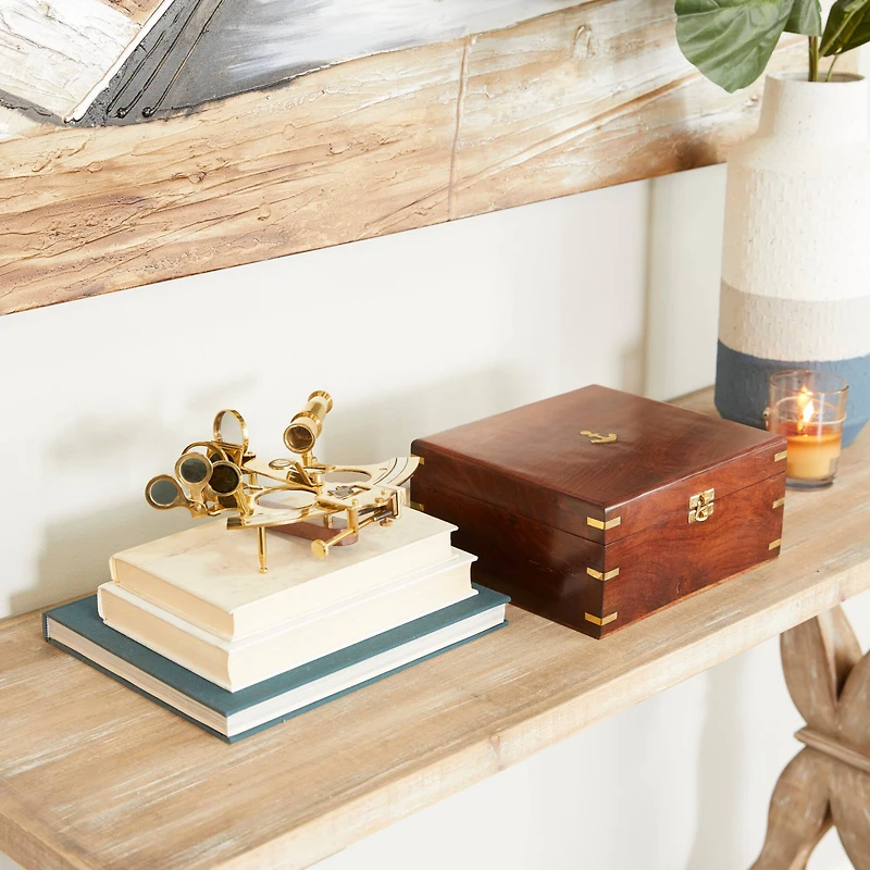 7" Gold Brass Sextant Compass with Decorative Wood Box