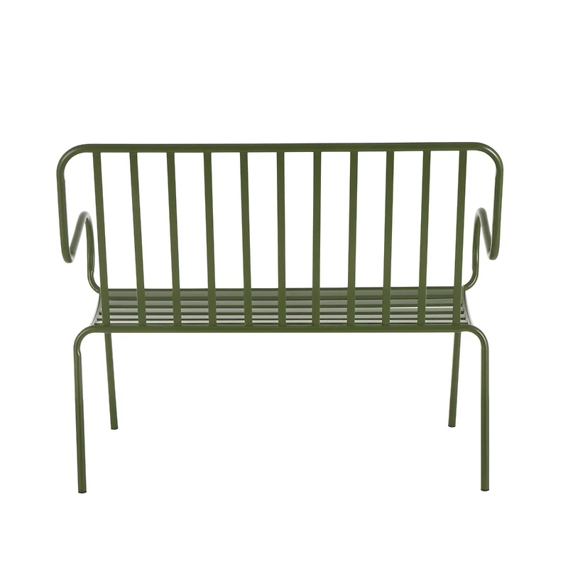 44.25" Green Metal Slatted Outdoor Bench with Curved Armrests