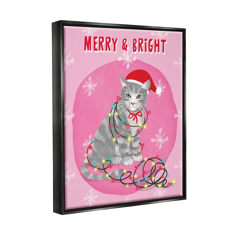 Stupell Industries Merry & Bright Christmas Cat Framed Floater Canvas Wall Art