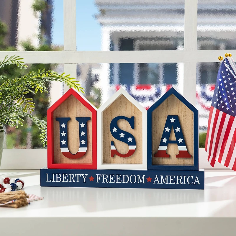 Glitzhome® 13" Liberty, Freedom, America House-Shaped Tabletop Décor