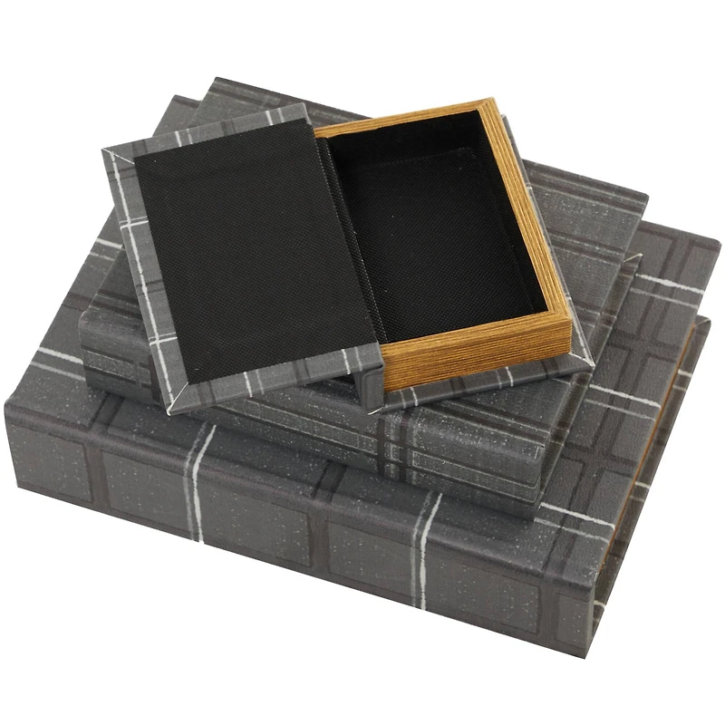 Gray Plaid Faux Leather Faux Book Box Set