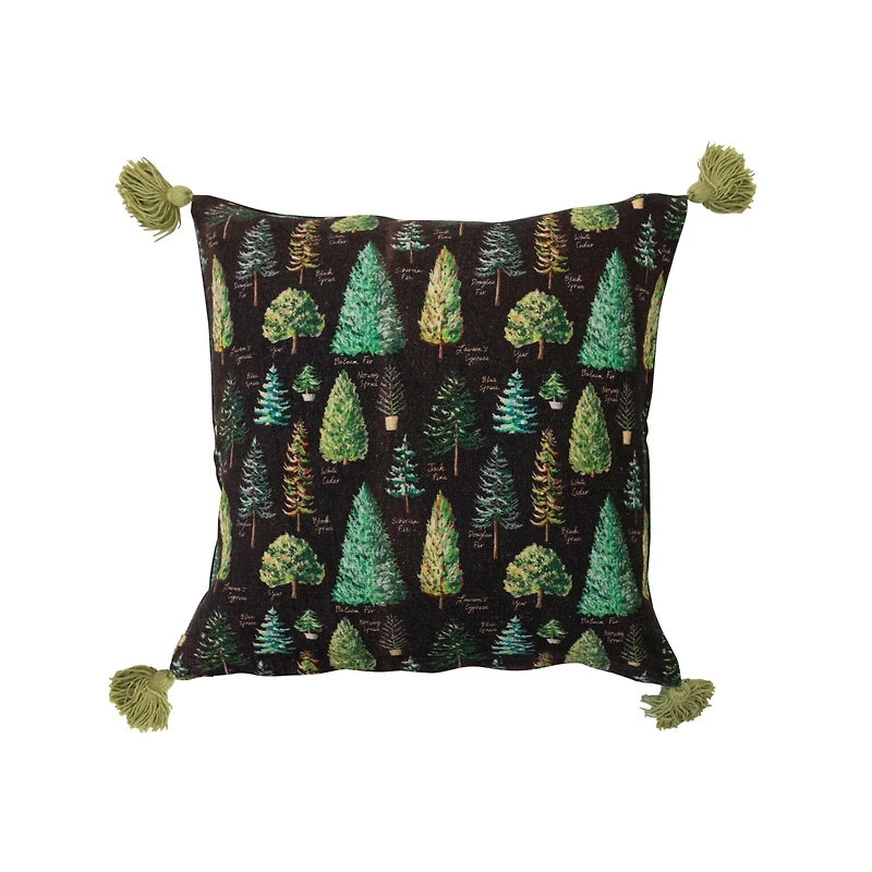 Hello Honey® 20" Evergreens Printed Two-Sided Viscose & Linen Pillow with Tassels