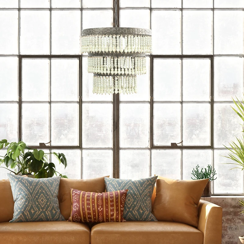 Hello Honey® 21.3" 3-Tier Round Metal Chandelier With 3 Lights & Hanging Wood Beads