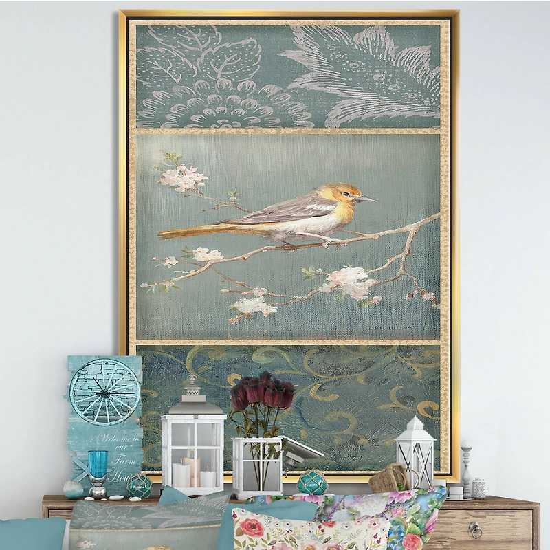 Designart - Farmhouse Triptych of Blue Ornaments And Oriole