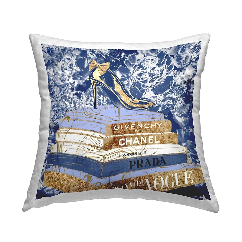Stupell Industries Designer Glitz Heel on Books Fashion Glam Blue Throw Pillow 18" x 18"