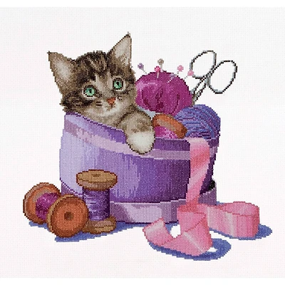 Thea Gouverneur Sewing Basket Kitten Cross Stitch Kit