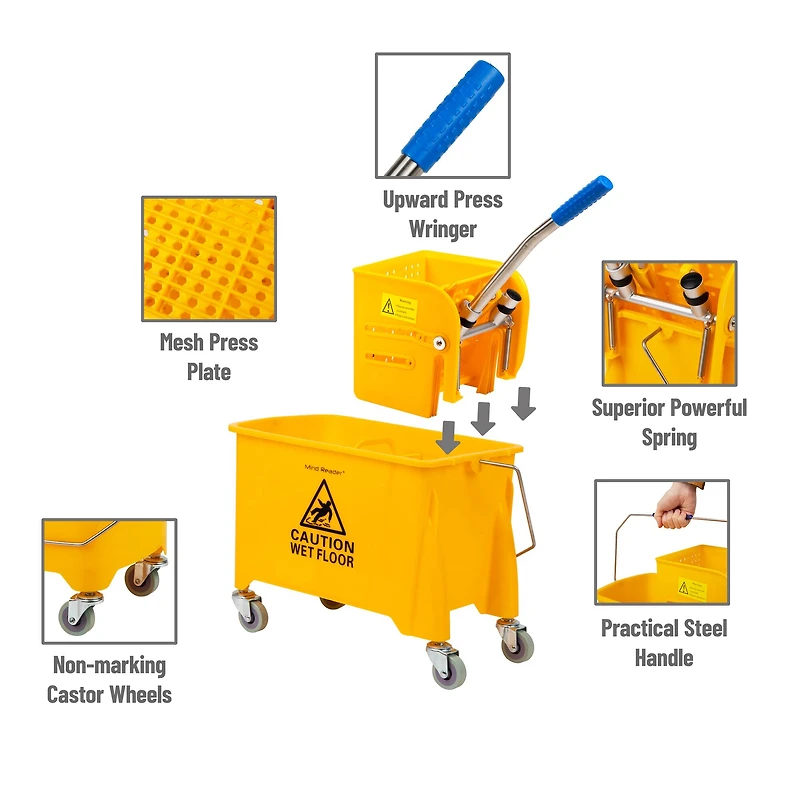 Mind Reader Mop Bucket with Wringer, 5.5 Gallon Upward Press, Plastic Cleaning Bucket with Handle and Wheels, Yellow