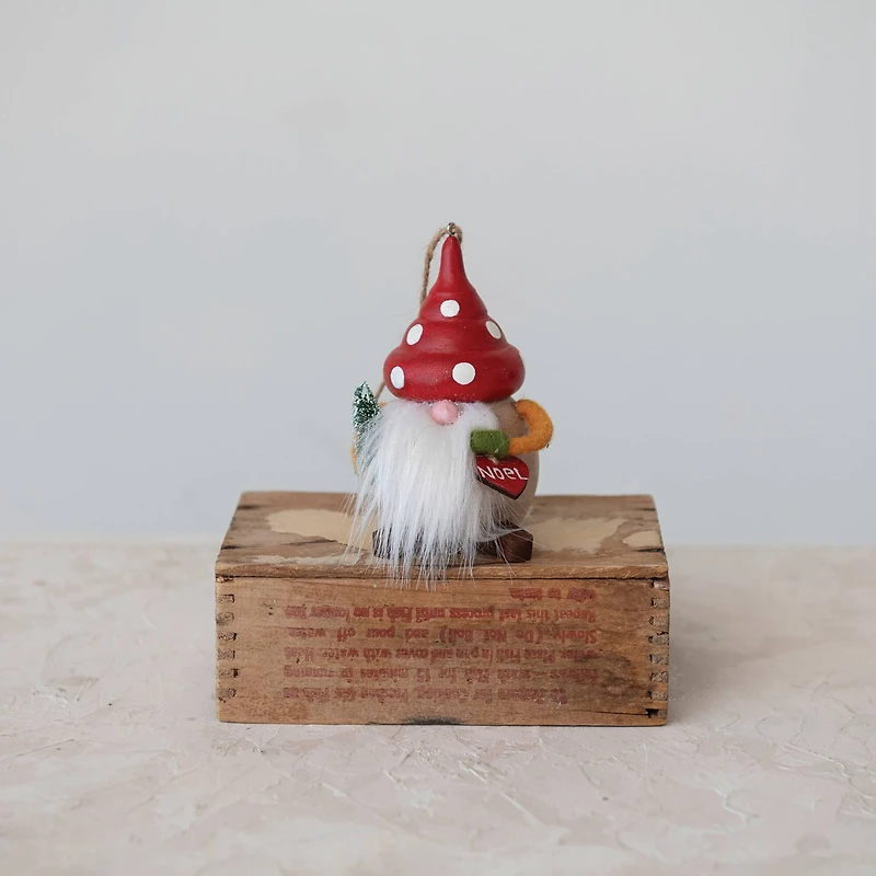 Hello Honey® 4.25" Wood Gnome with Mushroom Hat Ornament