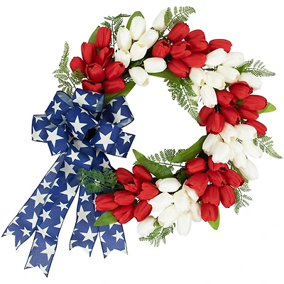 24" Red, White & Blue Patriotic Tulip Wreath with Bow