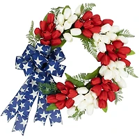 24" Red, White & Blue Patriotic Tulip Wreath with Bow