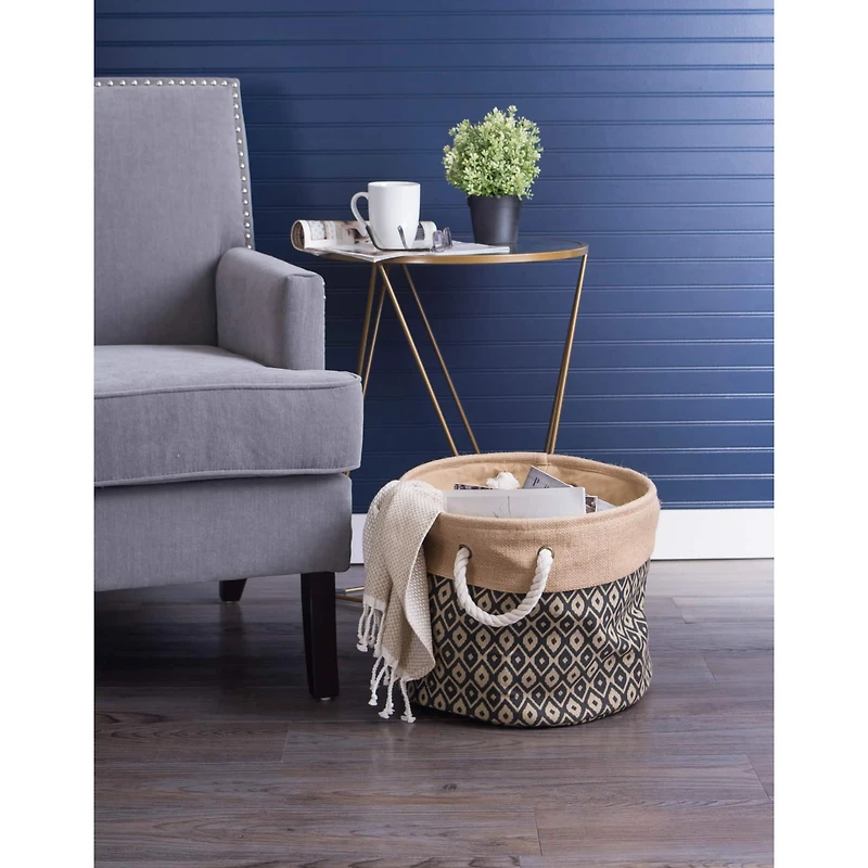 DII® 15" Black Ikat Round Burlap Bin